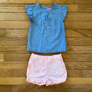 💞 ISAAC MIZRAHI baby Matching Set Blue shirt pink shorts girls 6-9 months euc
